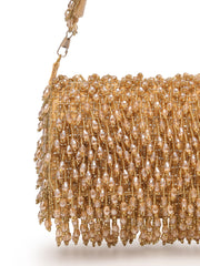 Crystal Cascade Beige & Gold Crystal Fringe Embellished Suede Clutch
