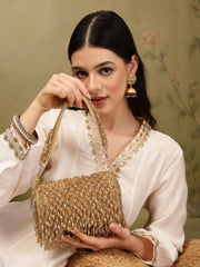 Crystal Cascade Beige & Gold Crystal Fringe Embellished Suede Clutch