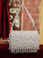 Crystal Cascade White & Silver Crystal Fringe Embellished Suede Clutch