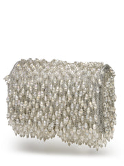 Crystal Cascade White & Silver Crystal Fringe Embellished Suede Clutch