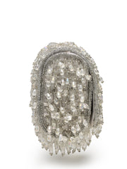 Crystal Cascade White & Silver Crystal Fringe Embellished Suede Clutch