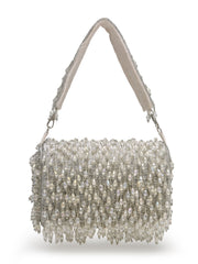 Crystal Cascade White & Silver Crystal Fringe Embellished Suede Clutch