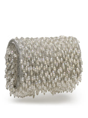 Crystal Cascade White & Silver Crystal Fringe Embellished Suede Clutch