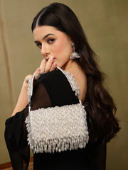 Crystal Cascade White & Silver Crystal Fringe Embellished Suede Clutch