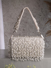 Crystal Cascade White & Silver Crystal Fringe Embellished Suede Clutch