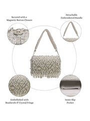 Crystal Cascade White & Silver Crystal Fringe Embellished Suede Clutch