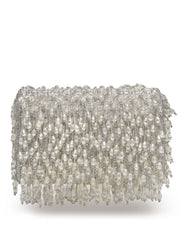 Crystal Cascade White & Silver Crystal Fringe Embellished Suede Clutch