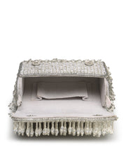 Crystal Cascade White & Silver Crystal Fringe Embellished Suede Clutch