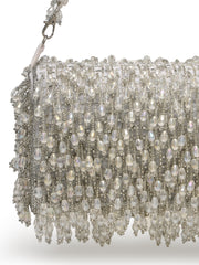 Crystal Cascade White & Silver Crystal Fringe Embellished Suede Clutch