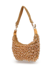 Crystal Cascade Beige & Champagne Gold Crystal Fringe Embellished Suede Clutch