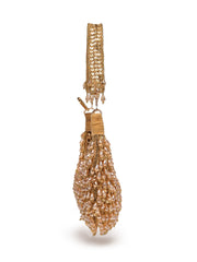 Crystal Cascade Beige & Champagne Gold Crystal Fringe Embellished Suede Clutch