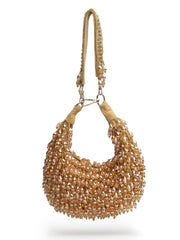 Crystal Cascade Beige & Champagne Gold Crystal Fringe Embellished Suede Clutch