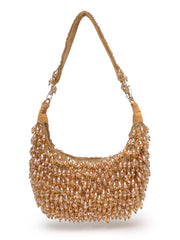 Crystal Cascade Beige & Champagne Gold Crystal Fringe Embellished Suede Clutch