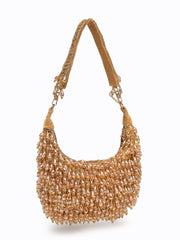 Crystal Cascade Beige & Champagne Gold Crystal Fringe Embellished Suede Clutch