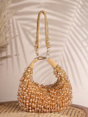 Crystal Cascade Beige & Champagne Gold Crystal Fringe Embellished Suede Clutch