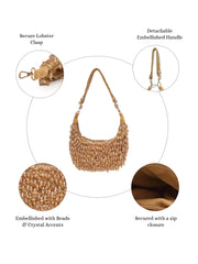 Crystal Cascade Beige & Champagne Gold Crystal Fringe Embellished Suede Clutch