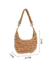 Crystal Cascade Beige & Champagne Gold Crystal Fringe Embellished Suede Clutch