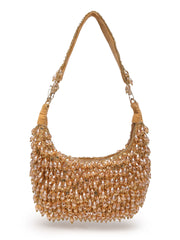 Crystal Cascade Beige & Champagne Gold Crystal Fringe Embellished Suede Clutch