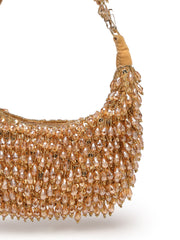 Crystal Cascade Beige & Champagne Gold Crystal Fringe Embellished Suede Clutch