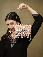 Tipify Blush Pink & Gold Teardrop Mirror Embellished Faux Silk Clutch