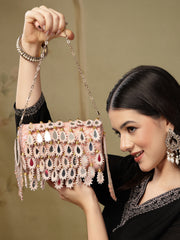 Tipify Blush Pink & Gold Teardrop Mirror Embellished Faux Silk Clutch