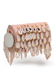 Tipify Blush Pink & Gold Teardrop Mirror Embellished Faux Silk Clutch