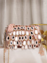 Tipify Blush Pink & Gold Teardrop Mirror Embellished Faux Silk Clutch