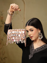 Tipify Blush Pink & Gold Teardrop Mirror Embellished Faux Silk Clutch