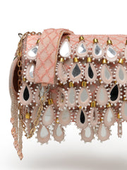 Tipify Blush Pink & Gold Teardrop Mirror Embellished Faux Silk Clutch