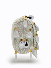 Tipify Ivory White & Gold Teardrop Mirror Embellished Suede Clutch