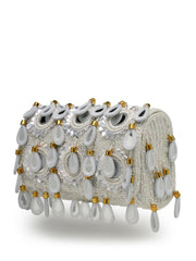 Tipify Ivory White & Gold Teardrop Mirror Embellished Suede Clutch
