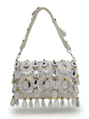 Tipify Ivory White & Gold Teardrop Mirror Embellished Suede Clutch