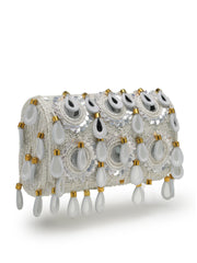 Tipify Ivory White & Gold Teardrop Mirror Embellished Suede Clutch