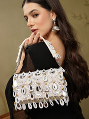 Tipify Ivory White & Gold Teardrop Mirror Embellished Suede Clutch