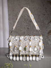 Tipify Ivory White & Gold Teardrop Mirror Embellished Suede Clutch
