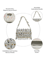 Tipify Ivory White & Gold Teardrop Mirror Embellished Suede Clutch