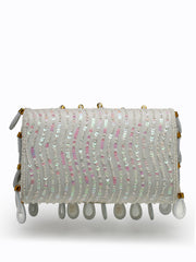 Tipify Ivory White & Gold Teardrop Mirror Embellished Suede Clutch