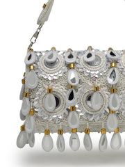Tipify Ivory White & Gold Teardrop Mirror Embellished Suede Clutch