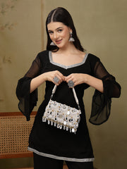 Tipify Ivory White & Gold Teardrop Mirror Embellished Suede Clutch