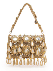 Tipify Antique Gold Teardrop Mirror Embellished Suede Clutch