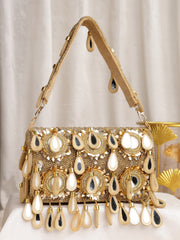 Tipify Antique Gold Teardrop Mirror Embellished Suede Clutch