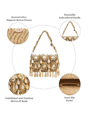 Tipify Antique Gold Teardrop Mirror Embellished Suede Clutch