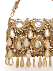 Tipify Antique Gold Teardrop Mirror Embellished Suede Clutch
