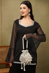 Dewdrop Fringe Silver & Ivory Embellished Faux Silk Potli