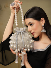 Dewdrop Fringe Silver & Ivory Embellished Faux Silk Potli