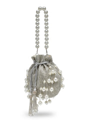 Dewdrop Fringe Silver & Ivory Embellished Faux Silk Potli