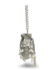 Dewdrop Fringe Silver & Ivory Embellished Faux Silk Potli