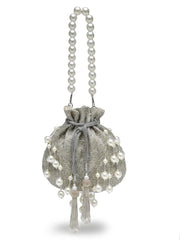 Dewdrop Fringe Silver & Ivory Embellished Faux Silk Potli