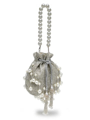 Dewdrop Fringe Silver & Ivory Embellished Faux Silk Potli