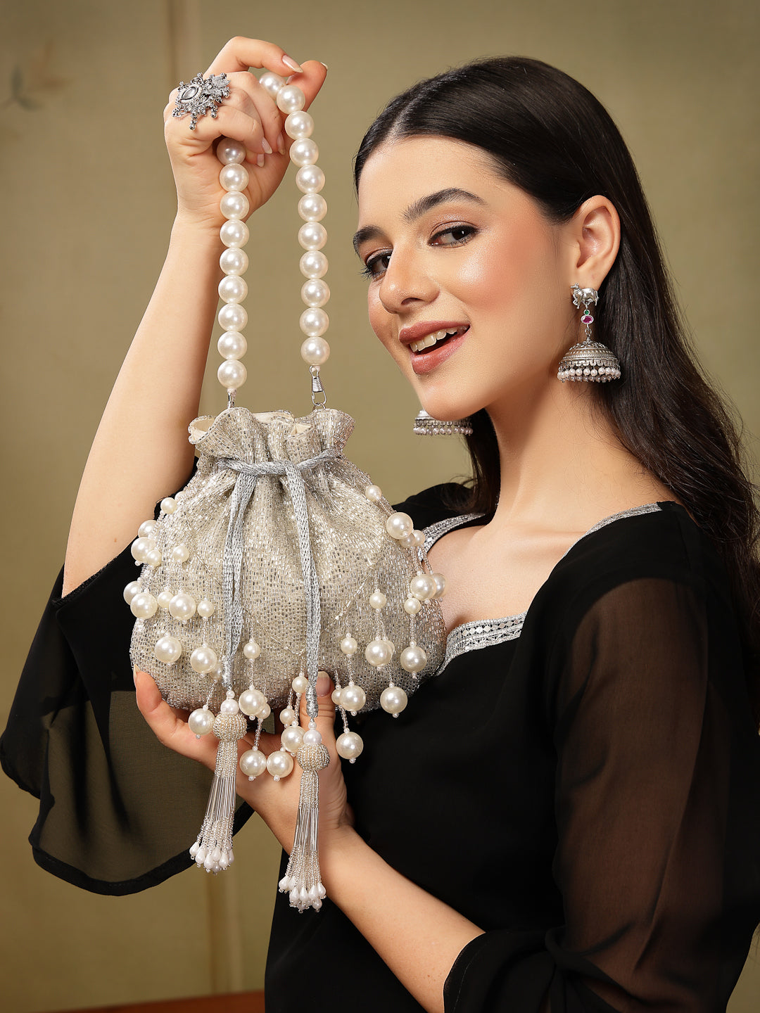 Dewdrop Fringe Silver & Ivory Embellished Faux Silk Potli